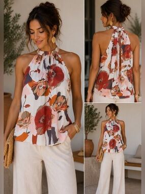 Floral Halter Neck Blouse Size 6 – Resort Vacation Boho Tie Back Top